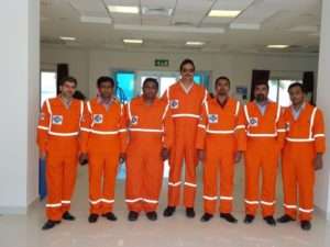 Part of the GAC Ras Laffan team at the new office. Left to right: Ahmed Seyamsm Personal Relation Officer; Shariful Ahmed, Company Representative / Driver; Nobin Norbert, Shipping Executive; Sudhir K.G., Business Manager; Kalesh Sivadasan, Senior Shipping Executive; Shaji Varghese, Company Representative / Driver; and Vineeth Menon, Shipping Executive