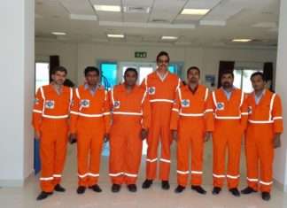 Part of the GAC Ras Laffan team at the new office. Left to right: Ahmed Seyamsm Personal Relation Officer; Shariful Ahmed, Company Representative / Driver; Nobin Norbert, Shipping Executive; Sudhir K.G., Business Manager; Kalesh Sivadasan, Senior Shipping Executive; Shaji Varghese, Company Representative / Driver; and Vineeth Menon, Shipping Executive