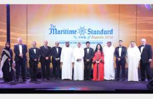 His Highness Sheikh Ahmed bin Saeed Al Maktoum (centre); (from left to right) Noura Al Dhaheri, Abu Dhabi Ports; Ray Girvan, International Bulk Journal & The Maritime Standard; Clive Woodbridge, The Maritime Standard; Eng. Yasser Zaghloul, National Marine Dredging Company; Rajiv Agarwal, Essar Ports; H.E. Shaikh Daij bin Salman Al Khalifa; Rania Ali; Khamis Juma Buamim, Gulf Navigation Holding; Ali Lakhani, Dubai Trading Agency; H.E. Dr. Abdullatif A. Sultan, Organisation of Islamic Shipowners Association; Jim Clancy