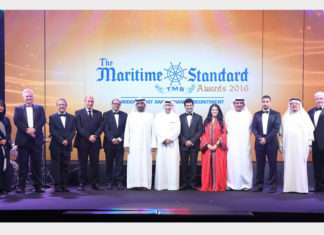 His Highness Sheikh Ahmed bin Saeed Al Maktoum (centre); (from left to right) Noura Al Dhaheri, Abu Dhabi Ports; Ray Girvan, International Bulk Journal & The Maritime Standard; Clive Woodbridge, The Maritime Standard; Eng. Yasser Zaghloul, National Marine Dredging Company; Rajiv Agarwal, Essar Ports; H.E. Shaikh Daij bin Salman Al Khalifa; Rania Ali; Khamis Juma Buamim, Gulf Navigation Holding; Ali Lakhani, Dubai Trading Agency; H.E. Dr. Abdullatif A. Sultan, Organisation of Islamic Shipowners Association; Jim Clancy