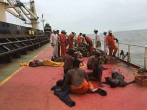 Rescued fishermen on the deck of the Dubai Knight