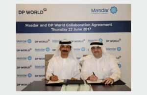 DP World Group Chairman and Chief Executive, Sultan Ahmed bin Sulayem, and the chief executive of Masdar, Mohamed Jameel Al Ramahi at the signing ceremony