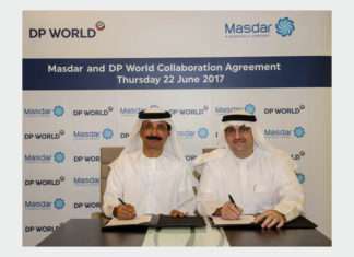 DP World Group Chairman and Chief Executive, Sultan Ahmed bin Sulayem, and the chief executive of Masdar, Mohamed Jameel Al Ramahi at the signing ceremony