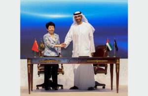 H.E. Dr. Sultan Ahmed Al Jaber, Abu Dhabi Minister of State, and Madame Huang Lixin, Executive Vice Governor of Jiangsu Provincial People’s Government, sign the investment agreement