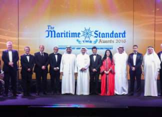 H.H. Sheikh Ahmed Bin Saeed Al Maktoum, President, Dubai Civil Aviation Authority and Chairman and Chief Executive, Emirates Airline and Group (centre), (left to right) Noura Rashed Al Dhaheri, Abu Dhabi Ports; Ray Girvan, Glenbuck Publishing; Clive Woodbridge, The Maritime Standard; Yasser Nasr Zagloul, National Marine Dreding Company; Rajiv Agarwal, Essar Ports; H.E. Shaikh Daij Bin Salman Al Khalifa, Arab Shipbuilding and Repair Yard; Rania Ali; Khamis Juma Buamim, Gulf Navigation; Ali Lakjani, Dubai Trading Agency; Dr. Abdullatif Abdullah Bin Sultan, Organisation of Islamic Shipowners Association; Jim Clancy.