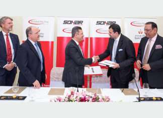 Executives from Sohar Port and Freezone and ShriVallabh Pittie Group signing the land lease MOU