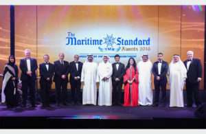H.H. Sheikh Ahmed Bin Saeed Al Maktoum, President, Dubai Civil Aviation Authority and Chairman and Chief Executive, Emirates Airline and Group (centre), (left to right) Noura Rashed Al Dhaheri, Abu Dhabi Ports; Ray Girvan, Glenbuck Publishing; Clive Woodbridge, The Maritime Standard; Yasser Nasr Zagloul, National Marine Dreding Company; Rajiv Agarwal, Essar Ports; H.E. Shaikh Daij Bin Salman Al Khalifa, Arab Shipbuilding and Repair Yard; Rania Ali; Khamis Juma Buamim, Gulf Navigation; Ali Lakjani, Dubai Trading Agency; Dr. Abdullatif Abdullah Bin Sultan, Organisation of Islamic Shipowners Association; Jim Clancy.