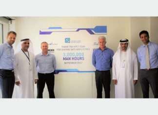 ADT executives Ole Pugholm, Ahmed Al Mutawa, Michael Anderson, Martijn Van De Linde, Saif Al Mazrooei, and Venkat Pisipaty celebrate the 3 million hours without LTI milestone