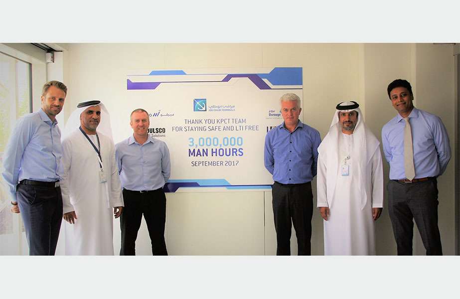 ADT executives Ole Pugholm, Ahmed Al Mutawa, Michael Anderson, Martijn Van De Linde, Saif Al Mazrooei, and Venkat Pisipaty celebrate the 3 million hours without LTI milestone