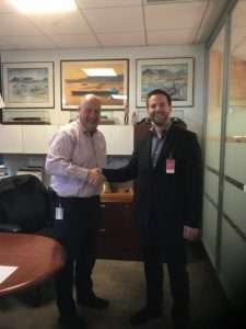 Phil Davies, left, general manager, marine transportation, Chevron Shipping Company, congratulates Lars Hardeland, managing director of GAC’s global hub services on securing the global oil and LNG shipping contract