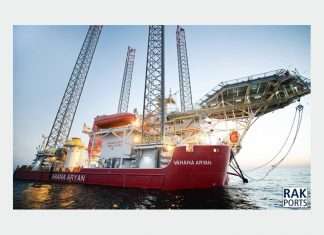 The new lift boat, Aryan, which is going thorough sea trials in Ras Al Khaimah, having been built locally by the Eversendai group.