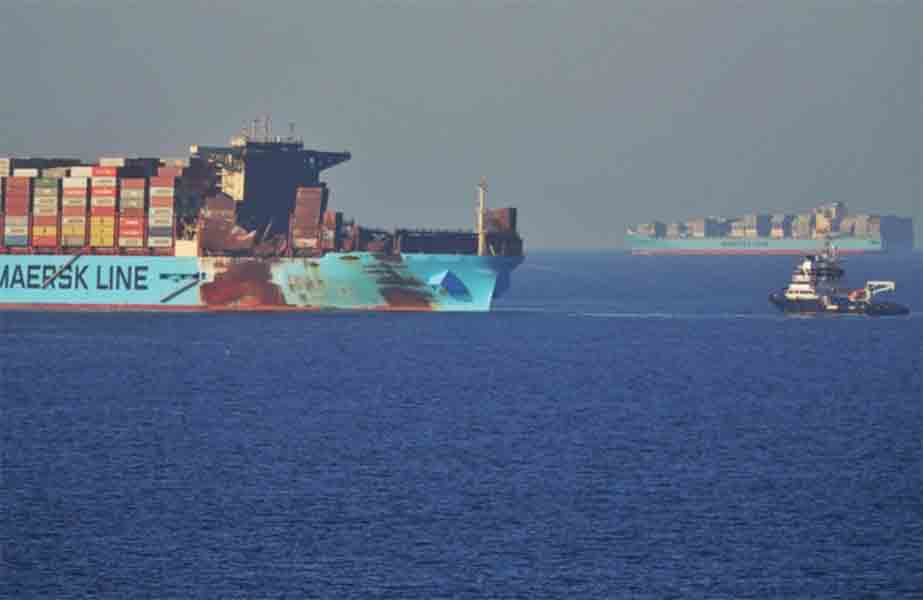 The fire damaged Maersk Honam is now at anchorage off Jebel Ali