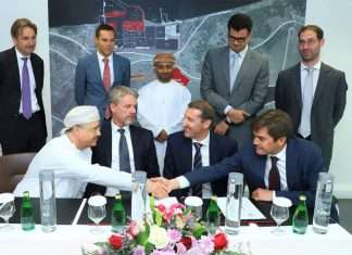 Sohar Port and Freezone chief executive, Mark Geilenkirchen; deputy chief executive, Jamal Aziz; area manager of Dredging International, Alberto Mino; and Yves Aertssen, director of the EMW group, at the signing ceremony