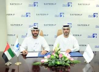 Hamad Al Maghrabi, Safeen’s marine services operations general and Abdul Aziz Mohamed Al Zaabi, senior vice president, services, at ADNOC Logistics & Services manager, signing the collaboration contract