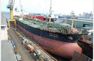 The Indian-owned tanker Desh Bakht at Colombo Dockyard for repair work