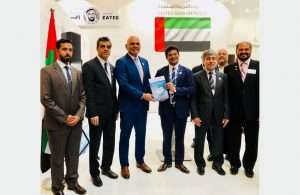 Trevor Pereira, MD, The Maritime Standard presenting the first copy of The Maritime Standard UAE Yearbook 2018/19, to H. E. Ali Abdulla Al Ahmed, UAE Ambassador to Germany, also present at the launch at the DMCA pavilion at SMM 2018 were H. E. Hisham Al Shirawi, Vice Chairman, Dubai Chamber of Commerce and Industries, Mr. Amer Ali, Executive Director, Dubai Maritime City Authority, Mr. Mohammed Al Muallem, CEO & MD UAE Region, DP World and a host of other dignitaries.