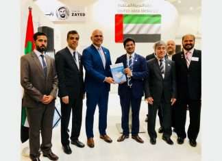Trevor Pereira, MD, The Maritime Standard presenting the first copy of The Maritime Standard UAE Yearbook 2018/19, to H. E. Ali Abdulla Al Ahmed, UAE Ambassador to Germany, also present at the launch at the DMCA pavilion at SMM 2018 were H. E. Hisham Al Shirawi, Vice Chairman, Dubai Chamber of Commerce and Industries, Mr. Amer Ali, Executive Director, Dubai Maritime City Authority, Mr. Mohammed Al Muallem, CEO & MD UAE Region, DP World and a host of other dignitaries.