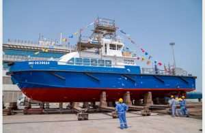 KOC’s new pilot boat, Bahra, just prior to its launch at Grandweld shipyard in Dubai