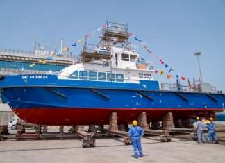 KOC’s new pilot boat, Bahra, just prior to its launch at Grandweld shipyard in Dubai