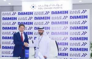 Captain Adil Ahmed Banihammed, acting chief marine services officer of Safeen, with Pascal Slingerland, regional sales director, Damen, at the signing ceremony at Abu Dhabi Boat Show 2018