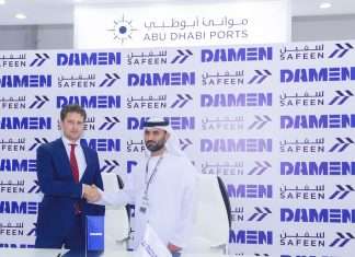 Captain Adil Ahmed Banihammed, acting chief marine services officer of Safeen, with Pascal Slingerland, regional sales director, Damen, at the signing ceremony at Abu Dhabi Boat Show 2018