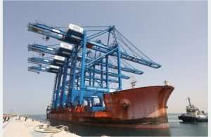 The first ship-to-shore container cranes arriving at the new Cosco Shipping Ports facility in Khalifa Port, Abu Dhabi