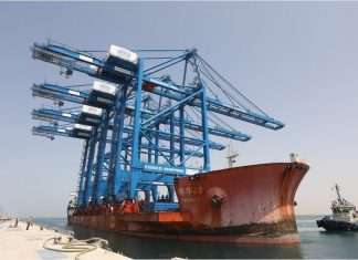 The first ship-to-shore container cranes arriving at the new Cosco Shipping Ports facility in Khalifa Port, Abu Dhabi