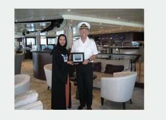 NouraRashed Al Dhaheri, Cruise Terminal Manager at Abu Dhabi Ports, welcoming the Captain of Azamara Quest on its maiden call