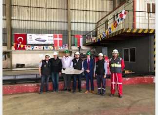 Executives from Sohar Port and Freezone, Svitzer and Besiktas Shipyard at the steel cutting ceremony for the two new pilot boats on November 7th