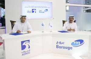 Borouge CEO, Ahmed Omar Abdulla, and Captain Abdulkareem Al-Masabi, CEO of ADNOC L&S, at the contract signing ceremony held during ArabPlast 2019