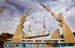 A heavy-lift loading operation, moving 160 tonnes separators bound for Kuwait, marked Marhaba Express’ first call into Duqm port