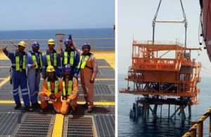 Drydocks World staff celebrate the completion of the new wellhead platform for the Aqam project
