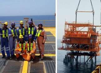 Drydocks World staff celebrate the completion of the new wellhead platform for the Aqam project