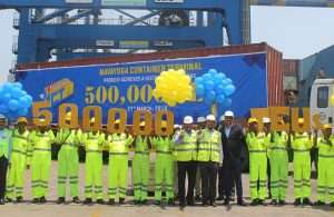 NCT and Krishnapatnam Port executives and staff celebrate the handling of the 500,000 the container in 2018/19