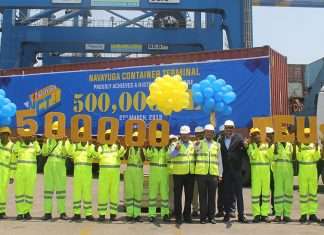NCT and Krishnapatnam Port executives and staff celebrate the handling of the 500,000 the container in 2018/19