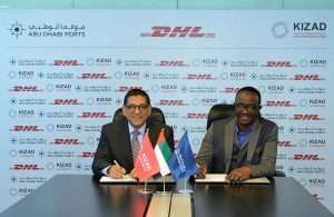 Samira Chaturvedi, chief executive of KIZAD, signing the logistics facility contract with Amadou Diallo, chief executive, DHL Global Forwarding, Middle East and Africa