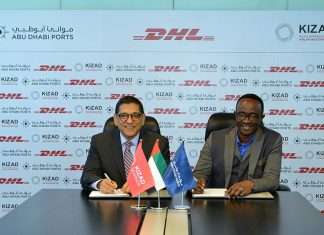 Samira Chaturvedi, chief executive of KIZAD, signing the logistics facility contract with Amadou Diallo, chief executive, DHL Global Forwarding, Middle East and Africa