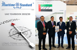 Trevor Pereira, Managing Director, The Maritime Standard, presenting the first copy of the UAE Yearbook 2019/20 to Ali Al Daboos, Executive Director, Dubai Maritime City Authority at the DMCA stand at Nor-Shipping 2019, Oslo. Also seen in the photo are Dr Nawfal Al Jourani, Director, Dubai Maritime Cluster Office (DMCO) and Nitin Mehta, CEO, Tomini Shipping