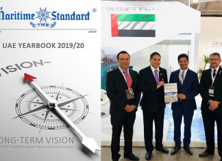 Trevor Pereira, Managing Director, The Maritime Standard, presenting the first copy of the UAE Yearbook 2019/20 to Ali Al Daboos, Executive Director, Dubai Maritime City Authority at the DMCA stand at Nor-Shipping 2019, Oslo. Also seen in the photo are Dr Nawfal Al Jourani, Director, Dubai Maritime Cluster Office (DMCO) and Nitin Mehta, CEO, Tomini Shipping