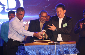 From left to right, Benny Fernando, General Manager (Ship Repair Business), D.V. Abeysinghe, Managing Director and H. Tanaka, Chairman of Colombo Dryddock carrying out the symbolic launch of the the new Rapid Respomse Afloat Repair Service.