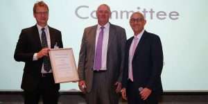 John Wishart, Chief Operating Officer at Foresight Group International, being presented with a certificate to mark his appointment as ROC Chairman by Geir Fuglerud DNV GL Offshore Director and Erik Henriksen, Director, Business Development