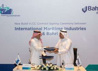 Abdullah Aldubaikhi, CEO, Bahri, and Fathi K. Al-Saleem, CEO, IMI, signing the vessel purchase agreement for the new VLCC