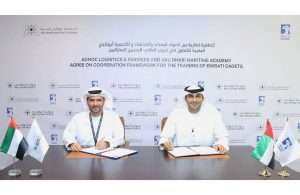Capt. Abdulkareem Al Masabi, chief executive, ADNOC Logistics & Services and Captain Mohamed Juma Al Shamisi, chief executive Abu Dhabi Ports signing the MOU