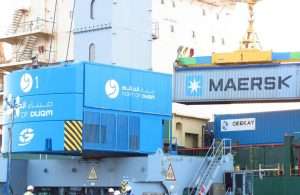 The first Maersk container arriving at Duqm port inn Oman