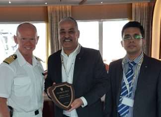 Captain Andrew Peddar, Master of Seabourn Oviation, presents a plaque to Rajesh Moorjani, General Manager of GAC Ras Al Khaimah (middle) and Sathik Ali, Shipping Manager of GAC Ras Al Khaimah (right) during the vessel’s call at the new Ras Al Khaimah Cruise Terminal.