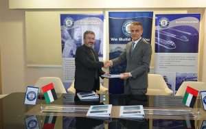 Jamal Abki and Shahram Nazemi signing the contract for Grandweld to deliver two crew boats to GMO for its Abu Dhabi operations