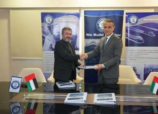Jamal Abki and Shahram Nazemi signing the contract for Grandweld to deliver two crew boats to GMO for its Abu Dhabi operations