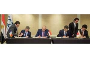 Representatives from NYK, Bolloré and Toyota Tsusho signing the ro-ro terminal concession agreement in Cairo