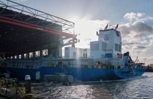 NMDC’S new dredger Ghasha entering the water at IHC shipyard in the Netherlands