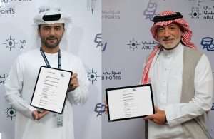 Captain Mohamed Juma Al Shamisi, Group Chief Executive of Abu Dhabi Ports, and Rakan Alireza, Managing Director of Arabian Chemical Terminals, sign the strategic agreement to develop the emirate’s first greenfield commercial bulk liquid storage terminal at Khalifa Port